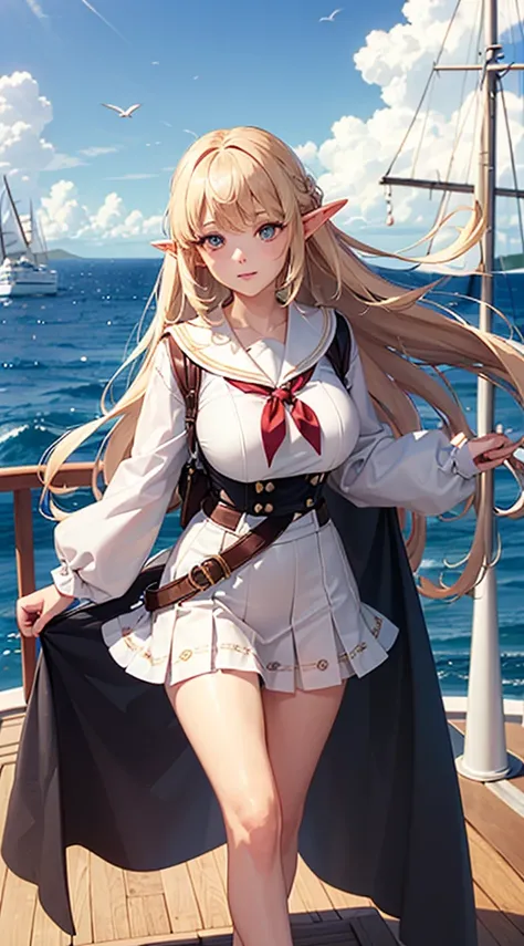 (((masterpiece, high detail))), ((((fantasy))), (elf girl), (white short skirt with embroidery), (blonde long straight hair), (shiny dark green eyes), (white ruffle blouse), ((on the deck of a sailing ship at sea)), (vast ocean), (Big sky with clouds), sea...