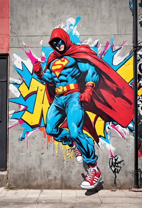 Urban Graffiti Comics Crusader: (vibrant colors:1.3) (graffiti-style:1.3) comic book hero, captured mid-action on a (spray-painted mural:1.2), with (bold outlines:1.2) and (dynamic poses:1.3). The hero sports a (tattered cape:1.1) and (custom sneakers:1.2)...