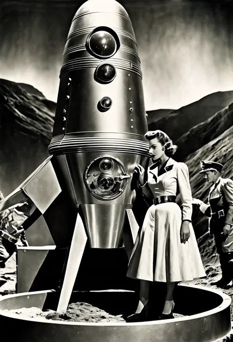 vintage, retro, realista, photograph of a scene from an episode of a 1950s science fiction series, rostos perfeitos, scene from ...