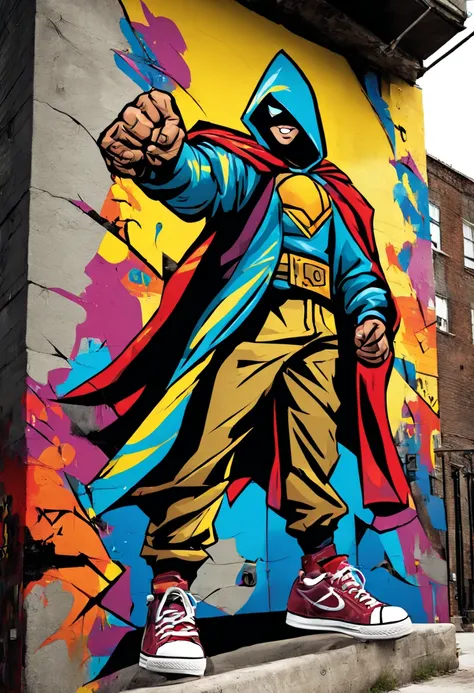 Urban Graffiti Comics Crusader: (vibrant colors:1.3) (graffiti-style:1.3) comic book hero, captured mid-action on a (spray-painted mural:1.2), with (bold outlines:1.2) and (dynamic poses:1.3). The hero sports a (tattered cape:1.1) and (custom sneakers:1.2)...