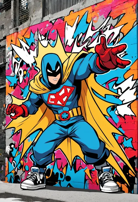 Urban Graffiti Comics Crusader: (vibrant colors:1.3) (graffiti-style:1.3) comic book hero, captured mid-action on a (spray-painted mural:1.2), with (bold outlines:1.2) and (dynamic poses:1.3). The hero sports a (tattered cape:1.1) and (custom sneakers:1.2)...