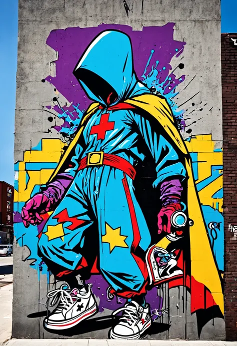 Urban Graffiti Comics Crusader: (vibrant colors:1.3) (graffiti-style:1.3) comic book hero, captured mid-action on a (spray-painted mural:1.2), with (bold outlines:1.2) and (dynamic poses:1.3). The hero sports a (tattered cape:1.1) and (custom sneakers:1.2)...