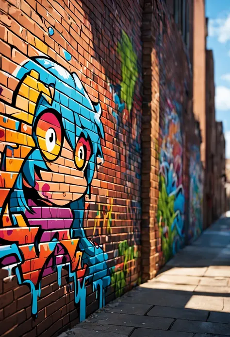 {Photorealistic} A highly detailed, professional photograph of a graffiti comic with vibrant colors and intricate details painted on a brick wall in a downtown alley. The comic features stylized characters and text with dripping paint and bold line work. T...