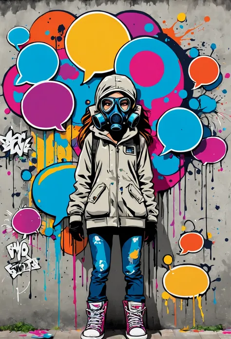 graffiti style comic {{Artistic digital painting} A graffiti comic in the style of Banksy and street art. The composition features a girl in a gas mask standing near a dripping bold outlined thought bubble that says "Hope". She is surrounded by colorful st...