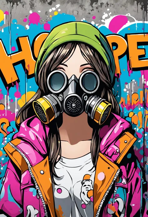 {Artistic digital painting} A graffiti comic in the style of Banksy and street art. The composition features a girl in a gas mask standing near a dripping bold outlined thought bubble that says "Hope". She is surrounded by colorful stylized bubble letters ...