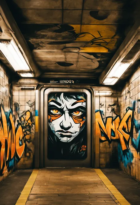 Gritty subway station with realistic graffiti art in the style of a graphic novel, intense expressions on characters faces, underground atmosphere, Canon EOS R8, wide angle lens