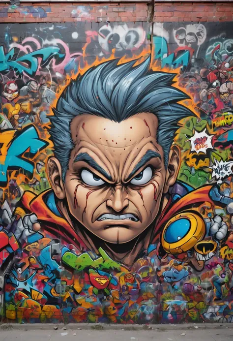 Graffiti wall, Comics, best quality, masterpiece, Representative work, official art, Professional, Ultra intricate detailed, 8k