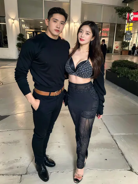 highly detailed ，8k , highest quality, （original photo：1.2），((male and female couple:1.3))、standing、（Boy kisses girl：1.2）、（boy wearing pants、muscular boy、abdominal muscles：1.6）、（The girl is wearing a lace bikini、huge breasts、Long curly hair、Perfect body、Se...