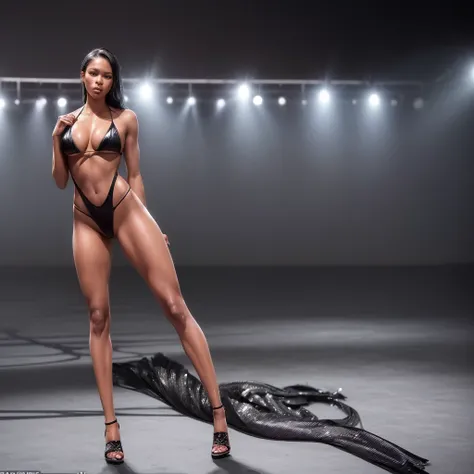 (Cherneka Johnson is a New Zealand-Australian professional boxer, age 25), is doing a sultry, smoldering,  model walk on the runway as a bikini model. magic of love, desire, (Ultra High detail, realistic, photo realistic, show her from head to toe, full bo...