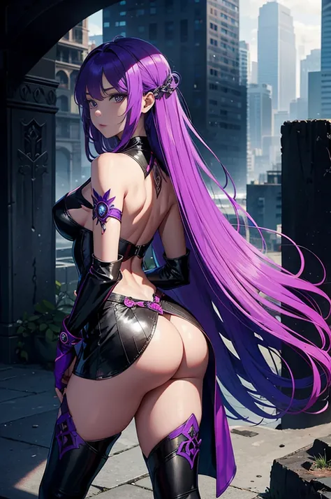 In this stunning image, we are greeted by the mesmerizing sight of a singularly captivating young woman. With her long, flowing hair cascading down her back in a shade of vibrant purple, she exudes an air of enchantment. Adorned in a sleek, one-piece skinn...