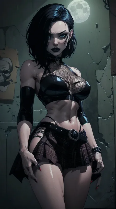 { - anatomy error} (Masterpiece - Ultra-Detailed, High Resolution) moonlight , a woman with short black hair, hair on shoulders, wearing a black cropped and plaid skirt, blue eyes, zombie art, gothic art, cute aesthetic with vibe, toon aesthetic, wearing r...