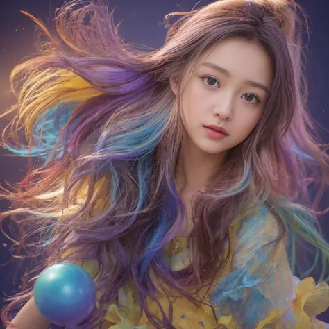 Masterpiece, highest quality, ultra high definition, solo presentation, youthful, messy hair resembling oil painting, vibrant colors: an 8-year-old girl, Radiant features with soft skin, harmonious blend of blue, yellow, light purple, and violet hues, intr...