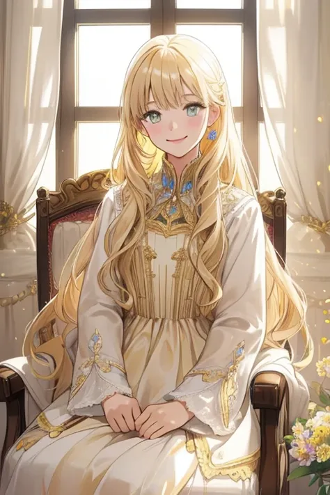 beautiful illustration,best quality,Very detailed background,long blond hair,Gold eyes,smile face,sun,daytime,Morning Time,gold Clothing,young woman,in the castle,sit on a chair,I have bangs,closed mouth,window,curtain,Chandelier,Soft Light,Illuminated Ext...