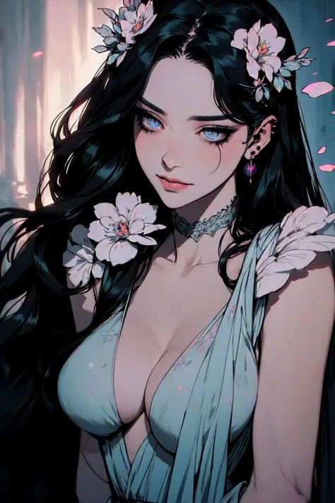 hyper-realistic  of a mysterious woman with flowing black hair, piercing opal eyes, and a delicate floral crown, delicate smile,  upper body