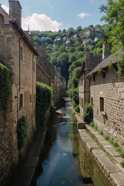 "medieval town situated in a dense forest, surrounded by high stone walls. A river runs through the middle of the town. The buildings within the walls have pointed roofs and narrow windows. Villagers dressed in medieval attire walk along the cobblestone st...