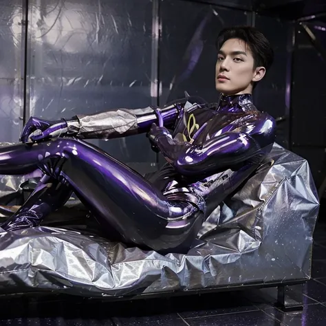 A male youth in a shiny purple suit sits on the floor, latex shiny, wearing atsuko kudo latex outfit, wearing tight suit, smooth purple skin, Purple body, shiny metallic glossy skin, shiny plastic, futuristic glossy latex suit, shiny plastic armor, Glossy ...