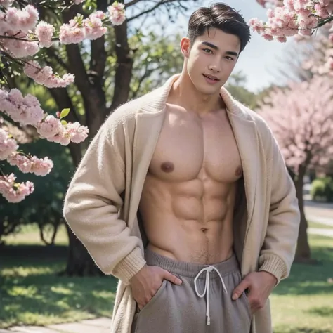 (RAW photo, Best quality), (Realistic man, photo-realistic:1.3), tmasterpiece, 18 years old Asian man， with short black hair， Linen suit shorts，Large bulge at the crotch，Big round ass，Facial hair，standing on your feet，Very masculine and masculine, The is v...