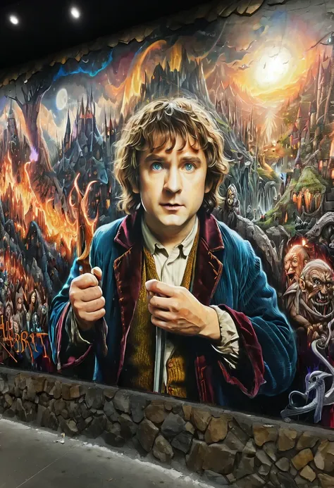 Graffiti art, Graffiti wall from "The Hobbit", (best quality, masterpiece, Representative work, official art, Professional, Ultra intricate detailed, 8k:1.3)