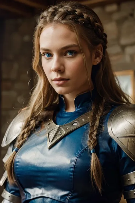 Viking woman, beautiful, impressive blue eyes like the ocean, long blonde hair braided in a medieval style, wearing her armor, young, imposing woman who stands out, realism, high quality art, focusing on details,