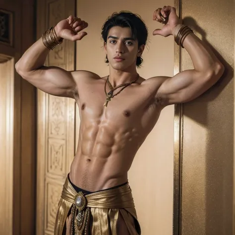 a man in a billowing gold chiffon male belly dance outfit is posing for a picture, handsome prince of persia, attractive male deity, brown skin man egyptian prince, beautiful androgynous prince, ashoka tano, delicate androgynous prince, hindu aesthetic, dj...