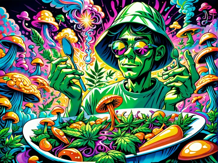 close up of a green cartoon man using marijuana leaves on chemical use utensils, just take a pinch of psychedelic, psychedelic a...