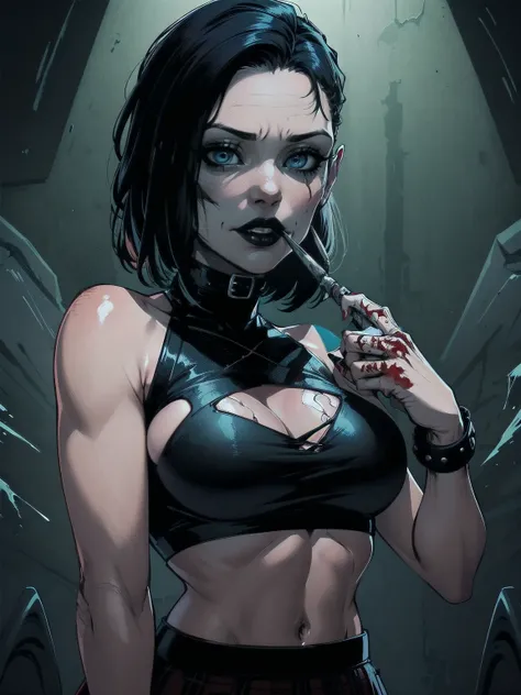 a woman with short black hair, hair on shoulders,  wearing a black cropped  and plaid skirt, blue eyes, zombie art, gothic art, cute aesthetic with vibe, toon aesthetic, wearing red costume, wearing gothic accessories, look like Cassie Hack, upper body, ho...