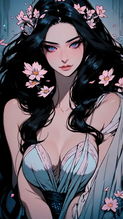 hyper-realistic  of a mysterious woman with flowing black hair, piercing opal eyes, and a delicate floral crown, delicate smile,  upper body