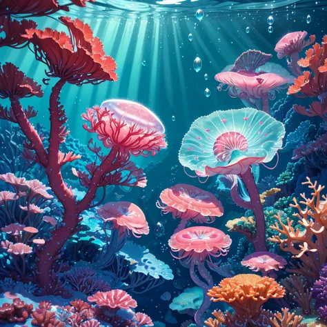 best quality,4k,highres,masterpiece:1.2),ultra-detailed,(realistic,photorealistic,photo-realistic:1.37),a jelly fish,brightly colored,made of jelly,swimming in a soda sea,candy-themed life,shimmering scales,translucent body,delicate tentacles,sparkling eye...