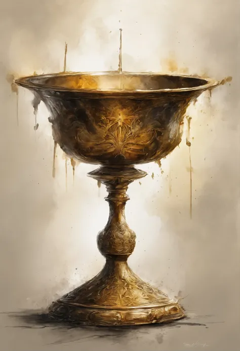 Golden religious Chalice. Dramatic lighting, volumetric lighting, epic illustration. Art by Yoji Shinkawa, symmetric circular iris, approaching perfection, pure form, minimalistic, isometric, concept art by Brian Froud, by Carne Griffiths, by Wadim Kashin,...