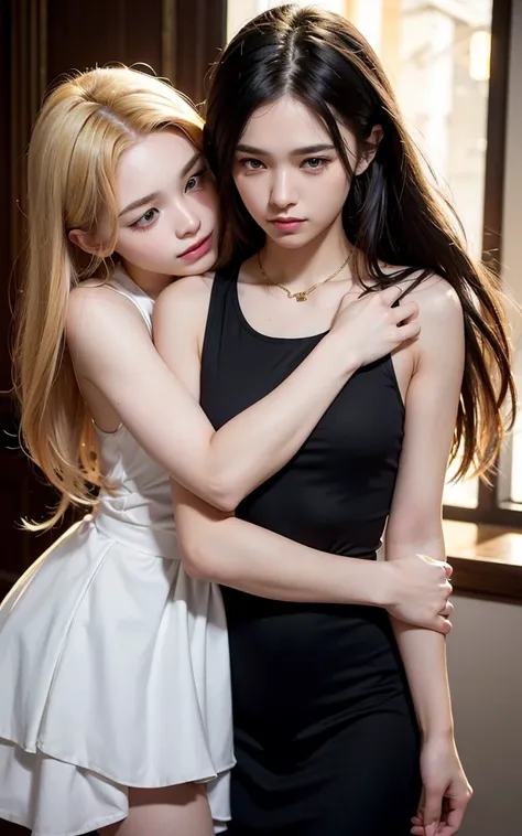 (lifelike， ultra high - resolution：1.3, (realism: 1.4), ((close up:0.75)) A couple, young masculine male with gold colored hair, wearing a tank top, hugging young girl with black long hair with white dress. Hugging each other intimately.