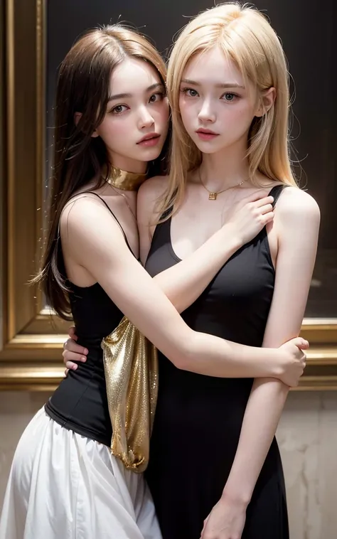 (lifelike， ultra high - resolution：1.3, (realism: 1.4), ((close up:0.75)) A couple, young masculine male with gold colored hair, wearing a tank top, hugging young girl with black long hair with white dress. Hugging each other intimately.