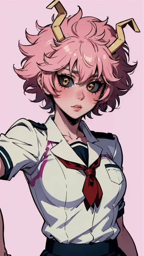 (best quality:1.3), (4k quality), 1 mature woman, mina ashido by boku no hero, school uniform, ((detailed face)), (blush), whole...