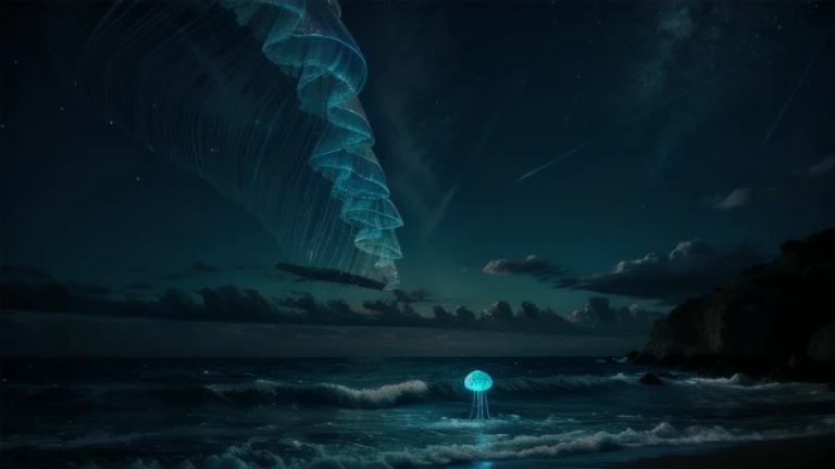 A night sea filled with glowing Jellyfish