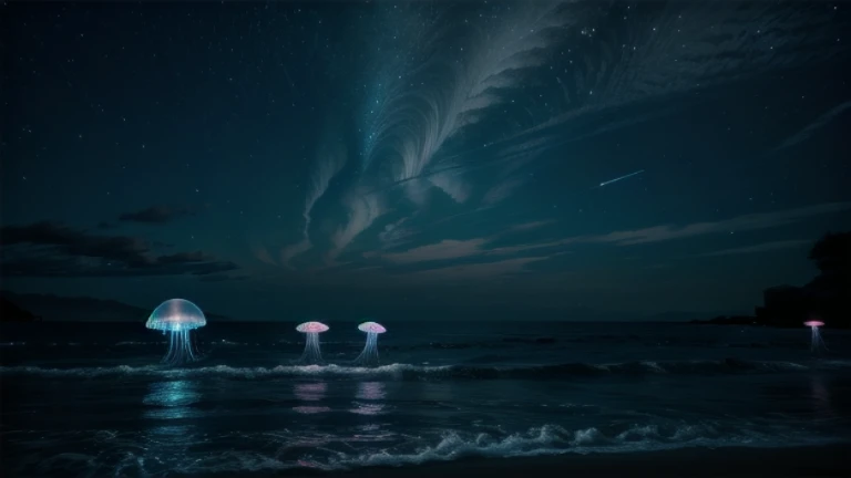 A night sea filled with glowing Jellyfish