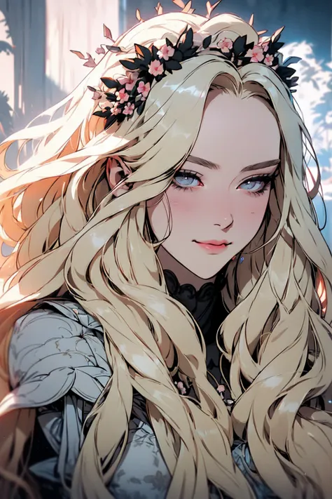 hyper-realistic  of a mysterious woman with flowing blond hair, piercing gray eyes, and a delicate floral crown, gentil smile, upper body