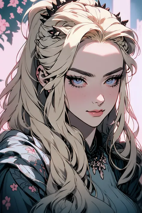 hyper-realistic  of a mysterious woman with flowing blond hair, pony tail, piercing gray eyes, and a delicate floral crown, delicate smile, upper body