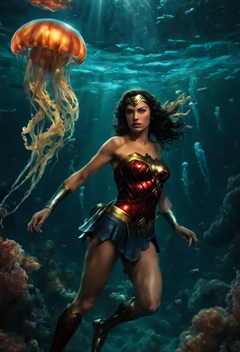 A horrifying scene unfolds as Wonder Woman, the iconic superhero from DC comics, finds herself cursed and transformed into a jellyfish. The once mighty warrior is now floating underwater, her beautiful and fierce form replaced by the gelatinous body of a s...