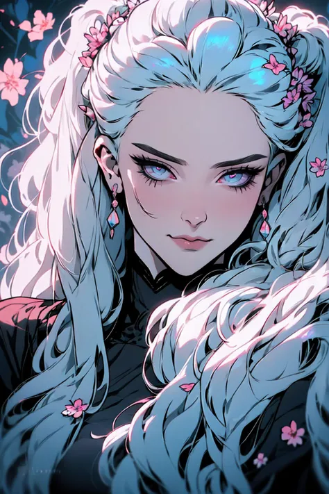 hyper-realistic  of a mysterious woman with flowing gray hair, pony tail, piercing opal eyes, and a delicate floral crown, delicate smile, upper body