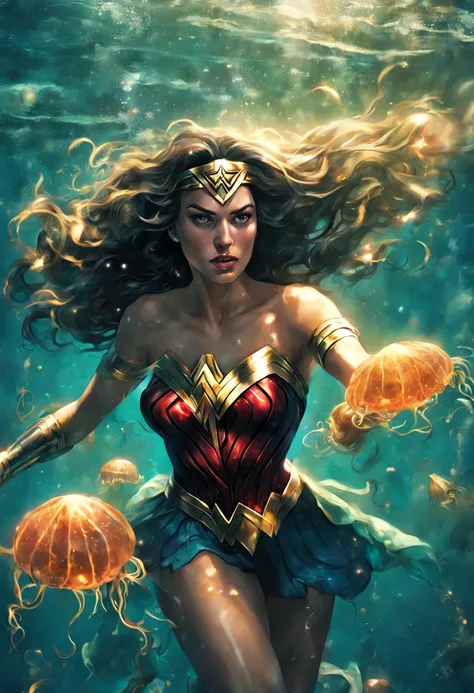 A horrifying scene unfolds as Wonder Woman, the iconic superhero from DC comics, finds herself cursed and transformed into a jellyfish. The once mighty warrior is now floating underwater, her beautiful and fierce form replaced by the gelatinous body of a s...