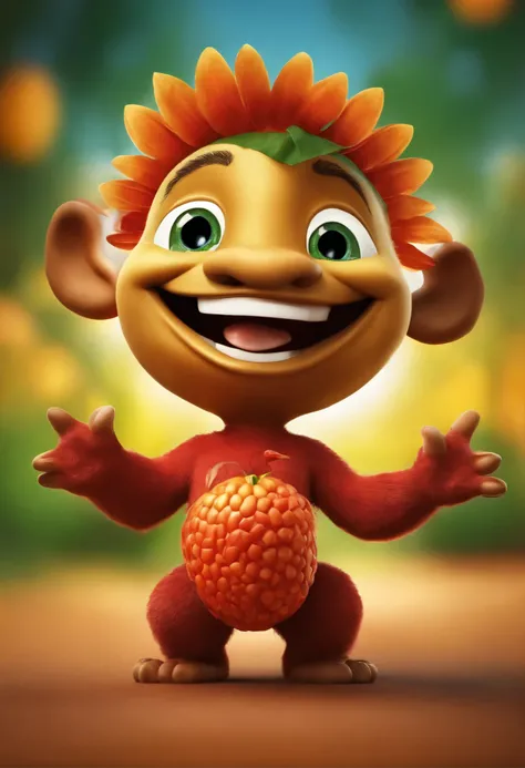 image of a mascot, fun, playful who loves children, his body is formed by guarana fruit, large and cheerful eyes and om gingante smile of the face with open arms, his hands have only 3 fingers.