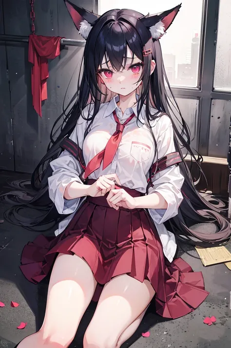 high quality, masterpiece, Super detailed,girl、very shy、Face turned red，Very cute、long black hair, charming pink eyes, fox ears, implement，，whipping，Scarred，Fell，Clothes soaked with sweat，desperate，Lie flat on the ground，The skirt was torn off，handcuffs，ha...