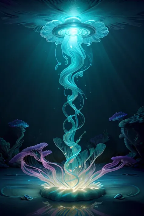 best quality,ultra-detailed,realistic,photorealistic:1.37,jellyfish in the deep sea,Jellyfish illuminated by bioluminescent glow,dreamy and ethereal,translucent and graceful,swimming gracefully in the dark,currents carrying them gently,bioluminescent trail...