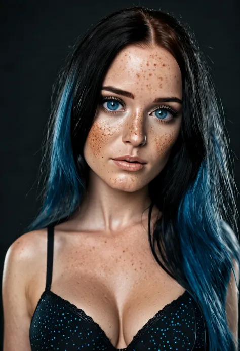 professional photo of a beautiful young girl, beautiful face, blue eye, glamor makeup, freckles, long blue hair, thin body, larg...