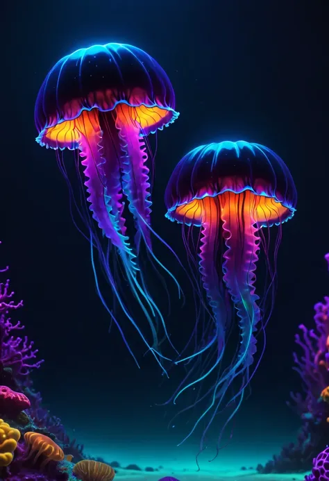 high resolution, high quality, masterpiece .close-up  blacklight art. a two jelly blubber jellyfish in the depths of a neon glow...