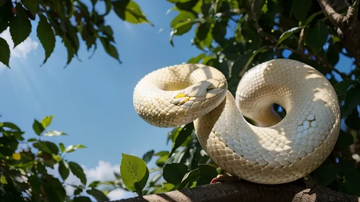 An albino snake lounging on a branch, Le serpent albinos est un animal rare et magnifique, avec sa peau blanche et ses yeux rouges. Il se repose sur une branche, profitant du soleil. Tree leaves offer interesting shapes and textures, tandis que les oiseaux...