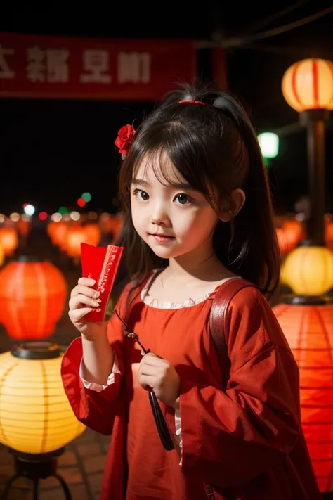 Lantern Festival，red theme，Cute little girl，poster