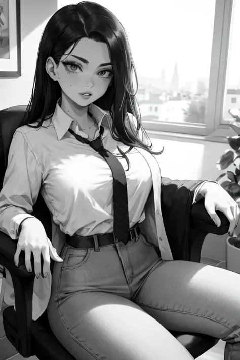 a woman sitting in a chair with a tie on, long hair, breasts, shirt, monochrome, greyscale, parted lips, open clothes, pants, mole, lips, open shirt