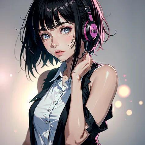 a woman with headphones is posing for a picture, tumblr contest winner, goth, feminine, aesthetic, 23-year-old Brazilian woman: 1.2, (Sleeveless shirt: 1.3), short hair with full bangs: 1.4, (Short hair: 1.2), Pink lips: 1.1, Black hair: 1.2, Reflective ey...