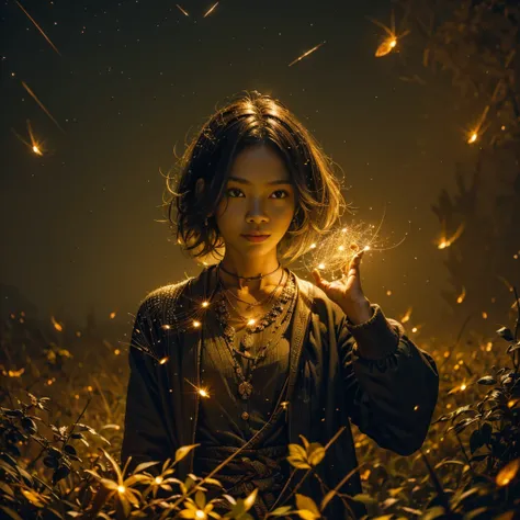 A person made of , surrounded by fireflies.