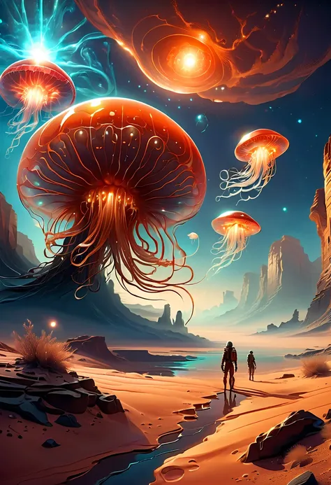 Imagine the scene on the surface of Mars，filled with red rocks and sand dunes。in this desolate land，A group of jellyfish-like and more complex alien creatures are exploring uncharted territories。Their bodies are translucent，radiating a soft，A stark contras...